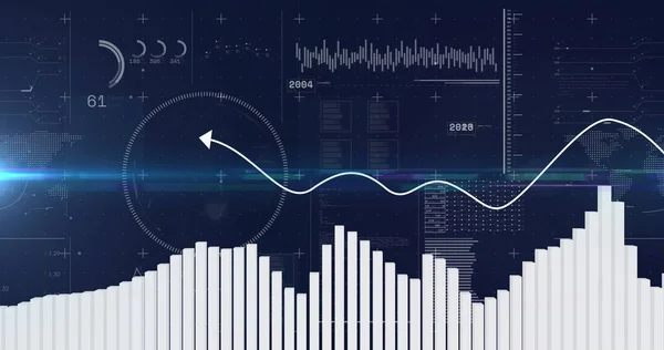 Bild Der Finanzdatenverarbeitung Und Globus Auf Blauem Hintergrund Globales Geschäft — Stockfoto