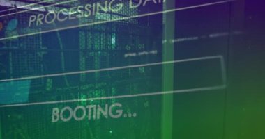 Sunucu odasında veri işleme animasyonu. Sosyal medya ve iletişim arayüzü kavramı dijital olarak oluşturulmuş video.