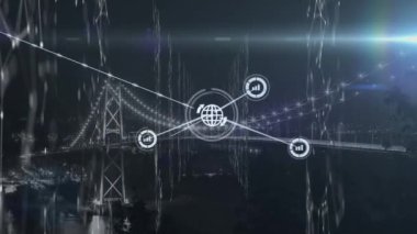Köprü üzerinde finansal veri işleme animasyonu. küresel iş, finans, bağlantılar ve dijital arayüz konsepti dijital olarak oluşturulmuş video.