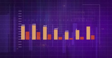 Mavi zemin üzerinde numaralar ve veri işleme ile diyagramların animasyonu. küresel iş, finans, bağlantılar ve dijital arayüz konsepti dijital olarak oluşturulmuş video.