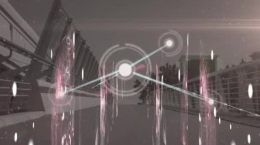 Köprü üzerinde finansal veri işleme animasyonu. küresel iş, finans, bağlantılar ve dijital arayüz konsepti dijital olarak oluşturulmuş video.