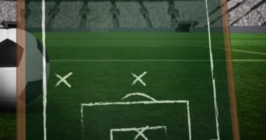 Futbol ve stadyum üzerinde oyun planı çizimi. Spor ve yarışma konsepti dijital olarak oluşturulmuş video.
