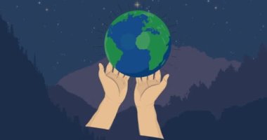 Ormanın üzerindeki ellerin ve kürenin animasyonu. küresel çevre, yeşil enerji ve dijital arayüz konsepti dijital olarak oluşturulmuş video.