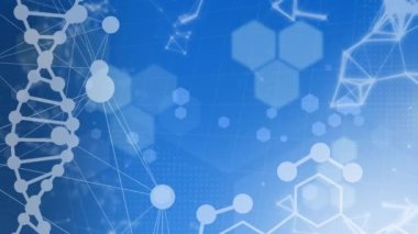 Mavi arka planda DNA ipliği, altıgenler ve kimyasal sembollerin animasyonu. küresel bilim, tıp ve veri işleme kavramı dijital olarak oluşturulmuş video.