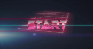 Neon spor stadyumunda başlangıç metninin animasyonu. Sosyal medya ve iletişim arayüzü kavramı dijital olarak oluşturulmuş video.