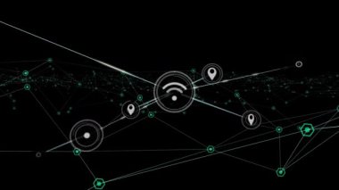 Siyah arkaplanda medya simgeleriyle bağlantı ağının canlandırılması. küresel iş, finans, bağlantılar ve dijital arayüz konsepti dijital olarak oluşturulmuş video.