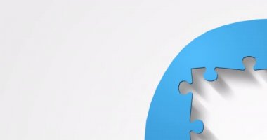 Beyaz arka planda mavi yapbozun animasyonu. Ulusal bulmaca günü ve dijital olarak üretilen video konsepti.