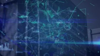 Bina üzerinde finansal veri işleme animasyonu. küresel iş, finans, bağlantılar ve dijital arayüz konsepti dijital olarak oluşturulmuş video.