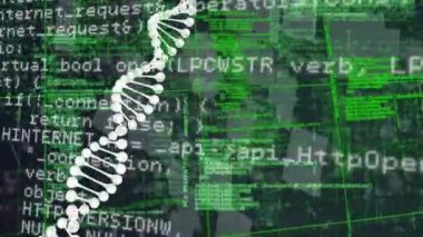 Siyah arkaplan üzerinde DNA ipliği ve veri işleme animasyonu. küresel bilim, tıp ve veri işleme kavramı dijital olarak oluşturulmuş video.