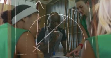 Çeşitli koç ve bayan basketbol oyuncuları üzerine oyun çizimi animasyonu. Spor ve yarışma konsepti dijital olarak oluşturulmuş video.