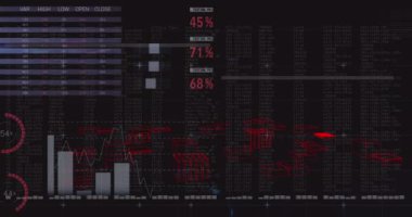 Dijital şehir manzarası animasyonu ve kara arkaplan üzerinde finansal veri işleme. küresel iş, finans ve dijital arayüz kavramı dijital olarak oluşturulmuş video.