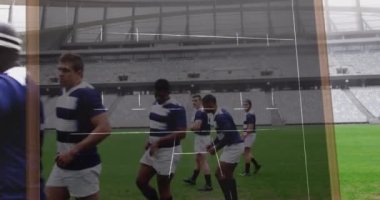 Çeşitli ragbi oyuncuları üzerine oyun planının animasyonu. Spor ve yarışma konsepti dijital olarak oluşturulmuş video.