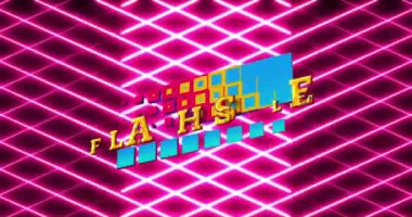 Neon kırmızı çizgiler üzerinde flash satış metni animasyonu. Sosyal medya ve iletişim arayüzü kavramı dijital olarak oluşturulmuş video.