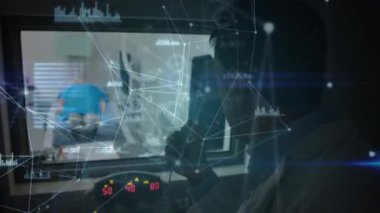 Kafkas erkek doktor ve hasta üzerinde finansal veri işleme animasyonu. küresel iş, finans, bağlantılar ve dijital arayüz konsepti dijital olarak oluşturulmuş video.