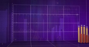 Mavi zemin üzerinde numaralar ve veri işleme ile diyagramların animasyonu. küresel iş, finans, bağlantılar ve dijital arayüz konsepti dijital olarak oluşturulmuş video.