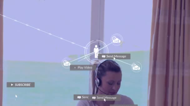 Animation Social Media Icons Network Connections Caucasian Woman Wearing Headset — Stock Video