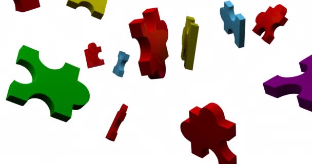 白い背景に落ちるパズルのカラフルな作品のアニメーション 国立パズルの日とお祝いのコンセプトデジタル生成ビデオ — ストック動画