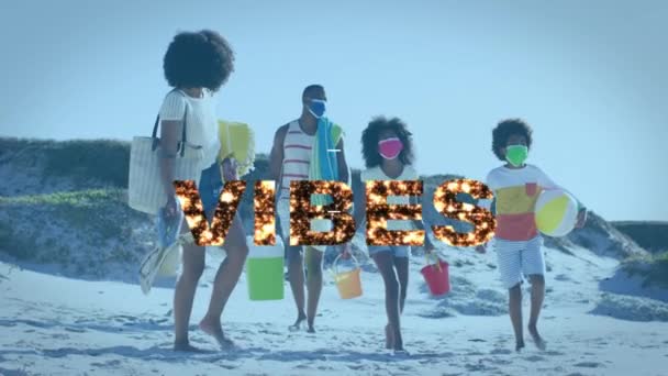 Animation Vibbar Text Över Afrikansk Amerikansk Familj Med Ansiktsmasker Promenader — Stockvideo