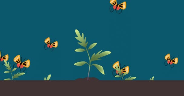 Animación Mariposas Plantas Sobre Fondo Verde Entorno Global Energía Verde — Vídeos de Stock