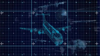 Mavi arka planda uçak ve veri işleme animasyonu. küresel iş, finans, bağlantılar ve dijital arayüz konsepti dijital olarak oluşturulmuş video.
