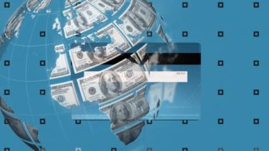 Amerikan doları banknotlarıyla kredi kartı üzerinden oluşan bir animasyon. küresel iş, finans, bağlantılar ve dijital arayüz konsepti dijital olarak oluşturulmuş video.