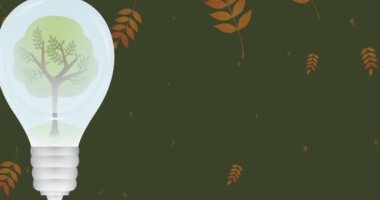 Yeşil arka plandaki yaprakların üzerindeki ampulün animasyonu. küresel çevre, yeşil enerji ve dijital arayüz konsepti dijital olarak oluşturulmuş video.