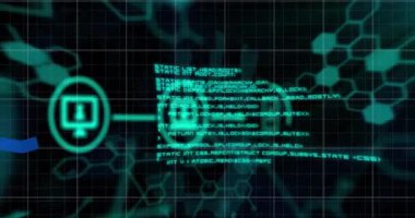 Siyah arkaplan üzerinde simge ve veri işleme animasyonları. küresel bilim, tıp ve veri işleme kavramı dijital olarak oluşturulmuş video.