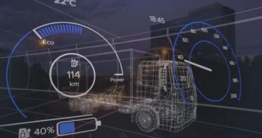 Şehrin üzerinde araba kokpiti ve kamyon animasyonu. küresel iş, finans, bağlantılar ve dijital arayüz konsepti dijital olarak oluşturulmuş video.