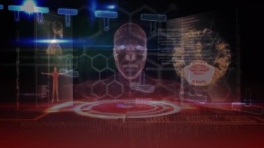 Karanlık arayüz üzerinde vücut ve yüz diyagramları ve veri işleme ile DNA ipliği oluşturma animasyonu. küresel tıbbi araştırma teknolojisi ve dijital arayüz konsepti, dijital olarak oluşturulmuş video.