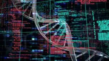 Siyah arkaplan üzerinde DNA ipliği ve veri işleme animasyonu. küresel bilim, tıp ve veri işleme kavramı dijital olarak oluşturulmuş video.