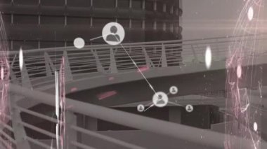 Köprü üzerindeki simgelerle bağlantı ağının animasyonu. küresel iş, finans, bağlantılar ve dijital arayüz konsepti dijital olarak oluşturulmuş video.