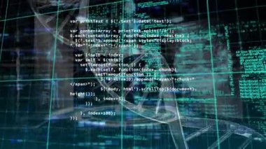 Siyah arkaplan üzerinde DNA ipliği ve veri işleme animasyonu. küresel bilim, tıp ve veri işleme kavramı dijital olarak oluşturulmuş video.