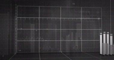 Siyah zemin üzerinde numaralar ve veri işleme ile diyagramların animasyonu. küresel iş, finans, bağlantılar ve dijital arayüz konsepti dijital olarak oluşturulmuş video.