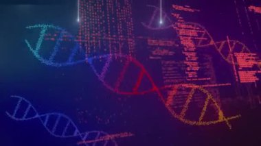 Mor arkaplan üzerinde DNA iplikçikleri ve veri işleme animasyonu. küresel bilim, tıp ve veri işleme kavramı dijital olarak oluşturulmuş video.