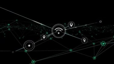 Siyah arkaplandaki simgelerle bağlantı ağının animasyonu. küresel iş, finans, bağlantılar ve dijital arayüz konsepti dijital olarak oluşturulmuş video.
