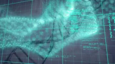 Gri arkaplan üzerinde DNA ipliği ve veri işleme animasyonu. küresel bilim, tıp ve veri işleme kavramı dijital olarak oluşturulmuş video.