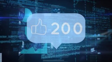 Sosyal medya simgelerinin giderek artan sayıda ve finansal veri işleme ile canlandırılması. küresel iş, finans ve dijital arayüz kavramı dijital olarak oluşturulmuş video.