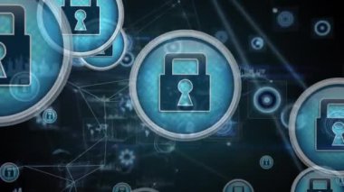 Siyah arka planda asma kilit simgeleri ve finansal veri işleme animasyonları. küresel iş, finans, bağlantılar ve dijital arayüz konsepti dijital olarak oluşturulmuş video.