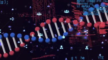 Siyah arkaplan üzerinde DNA ipliği ve veri işleme animasyonu. küresel bilim, tıp ve veri işleme kavramı dijital olarak oluşturulmuş video.