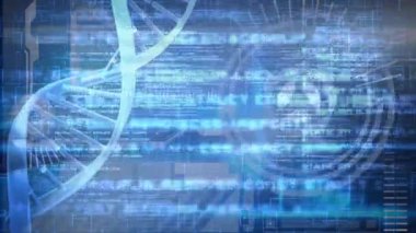 Veri işleme üzerinde dönen DNA iplikçiklerinin canlandırması. küresel bilim, dijital arayüz, teknoloji ve bağlantılar konsepti dijital olarak oluşturulmuş video.