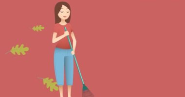 Kırmızı arka planda yaprakları tırmıklayan kadın animasyonu. küresel çevre, yeşil enerji ve dijital arayüz konsepti dijital olarak oluşturulmuş video.