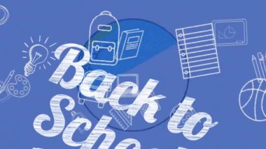 Mavi arka planda okul ögeleri simgeleriyle okula dönüş metninin canlandırması. eğitim, öğrenme ve geliştirme konsepti dijital olarak oluşturulmuş video.