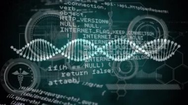 Siyah arkaplan üzerinde DNA ipliği ve veri işleme animasyonu. küresel bilim, tıp ve veri işleme kavramı dijital olarak oluşturulmuş video.