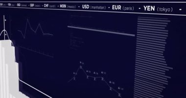 Siyah arkaplan üzerinden finansal veri işleme animasyonu. küresel iş, finans ve dijital arayüz kavramı dijital olarak oluşturulmuş video.
