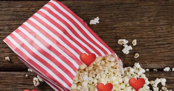 Animering Hjärdikoner Över Låda Popcorn Popcorn Dag Och Firande Koncept — Stockvideo