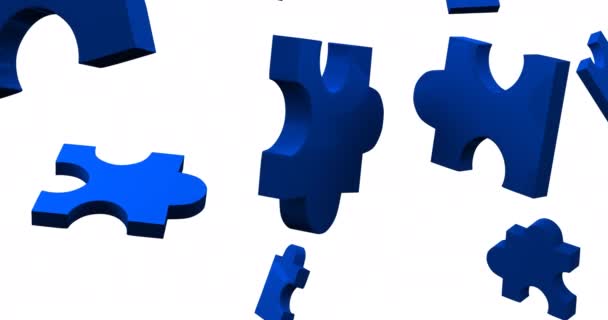白い背景に落ちてくる青いパズルのアニメーション 国立パズルの日とお祝いのコンセプトデジタル生成ビデオ — ストック動画