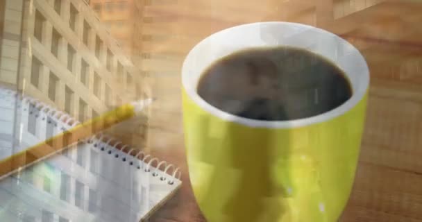 Animation Paysage Urbain Sur Des Notes Une Tasse Café Entreprise — Video