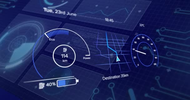 Animacja Kokpitu Samochodowego Nad Przetwarzaniem Danych Niebieskim Tle Globalny Biznes — Wideo stockowe