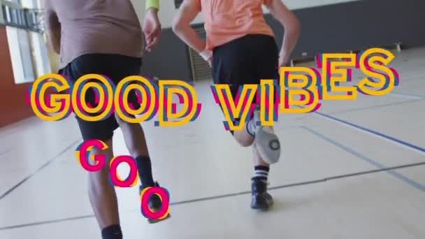 Animatie Van Goede Vibes Tekst Diverse Sporters Sportschool Concept Van — Stockvideo