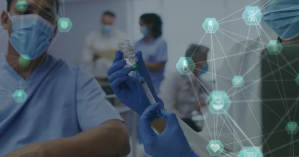 Animation Networks Connections Icons Diverse Doctors Wearing Face Masks Global — Stock Video
